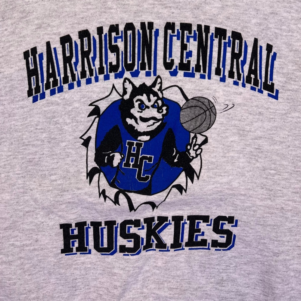 Jerzee Sweatshirt L Gray Athletic Retro Harrison Central Huskies Graphic VTG USA - Picture 2 of 16